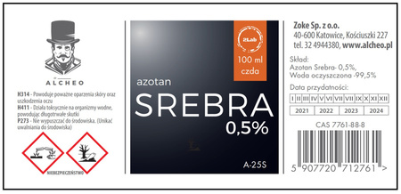 Azotan srebra 0,5%. Roztwór wodny. 100ml.