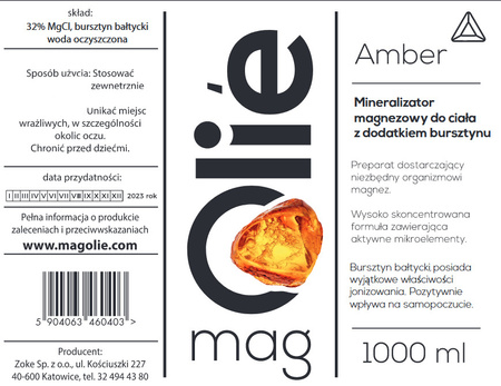 Oliwka magnezowa 32% magnezu AMBER. Z dodatkiem bursztynu bałtyckiego. 1000 ml