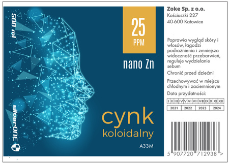 Cynk koloidalny 25 ppm. Niejonowy. 500 ml.