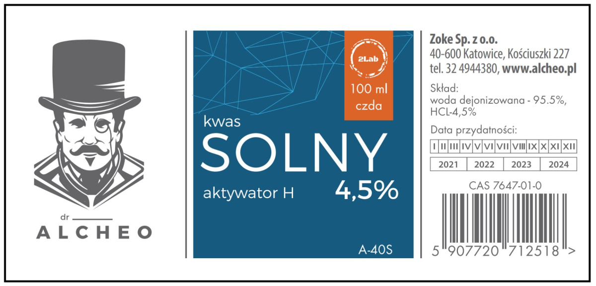 Kwas Solny 4,5%. Aktywator H. 100 ml. Dr Alcheo