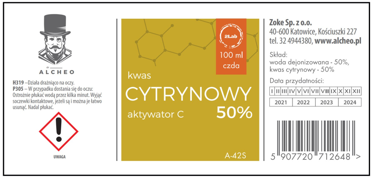 Kwas solny 4,5% + Kwas Cytrynowy 50%. 2x100 ml. Dr Alcheo