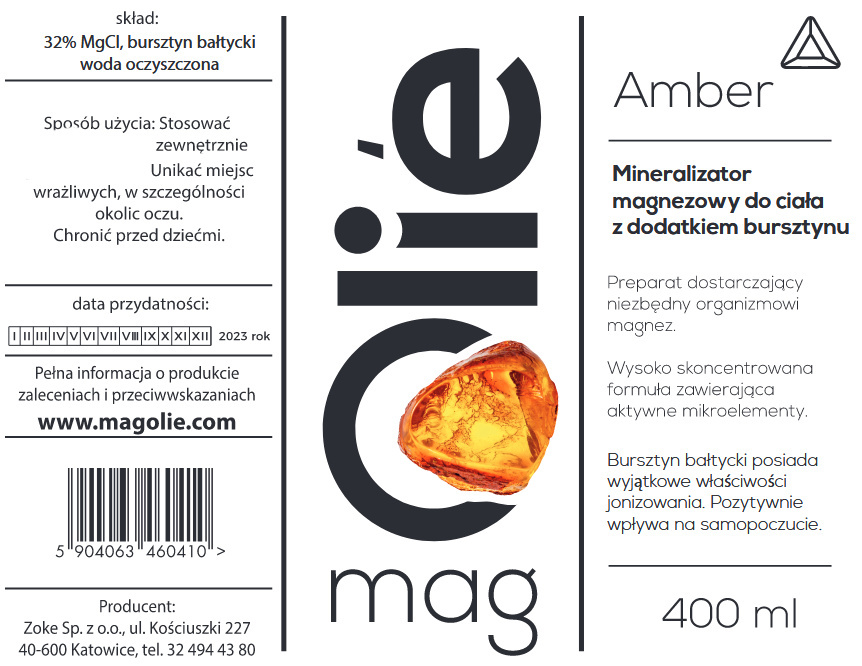 Oliwka magnezowa 32% magnezu AMBER. Z dodatkiem bursztynu bałtyckiego. 400 ml