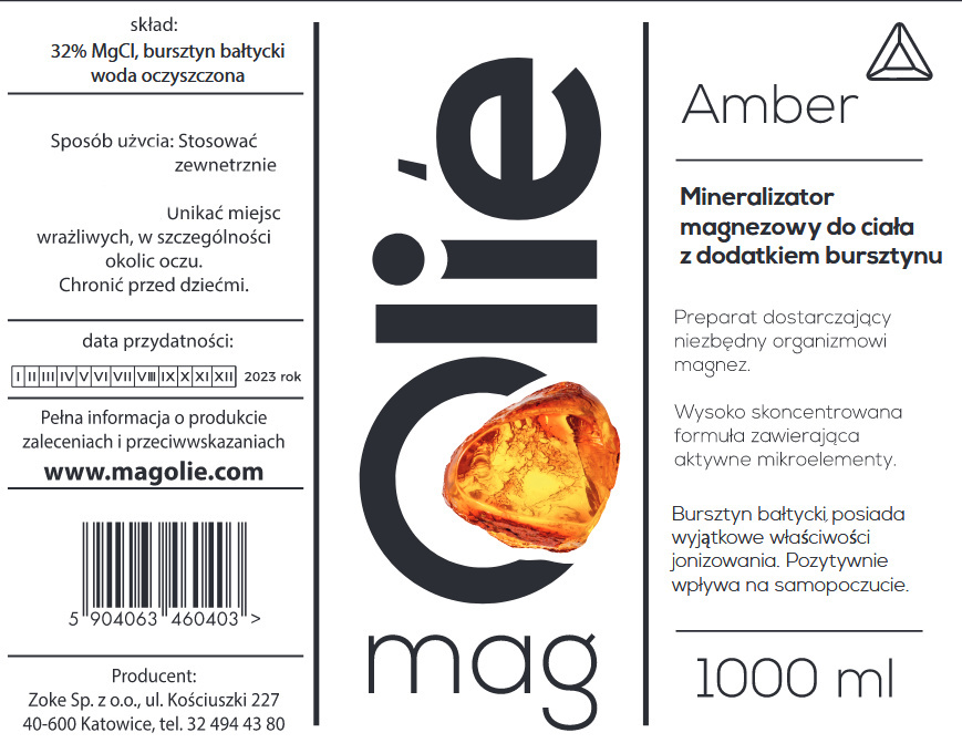 Oliwka magnezowa 32% magnezu AMBER. Z dodatkiem bursztynu bałtyckiego. 1000 ml